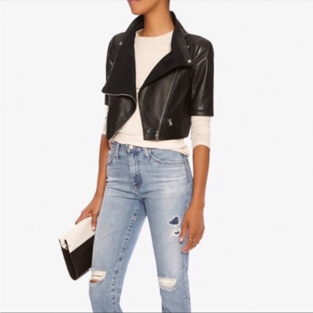 Yigal Azrouel leather crop jacket in dark blue with silver zippers